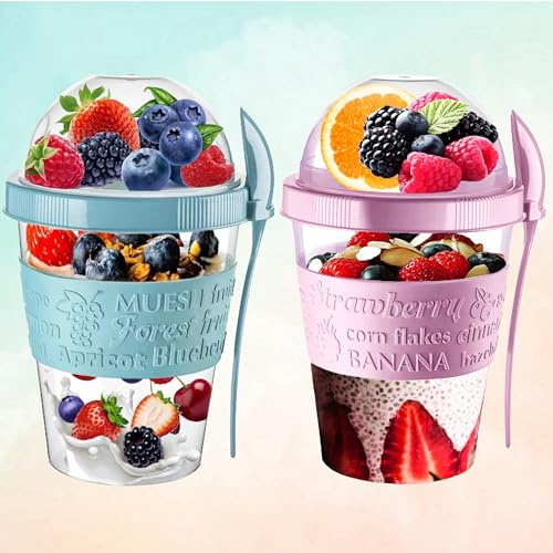 4All Reusable Yogurt Pots 600ml With Spoon Cereal Storage Containers With Lid Airtight Overnight Oats Jar BPA Free Breakfast Cup Cereal On The Go Dishwasher Safe (Pack 2 Marble Blue+Lilac Pink)