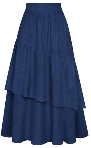 Belle Poque Jupes pour femme - Jupe longue à volants asymétriques taille haute avec poches, bleu marine, XL