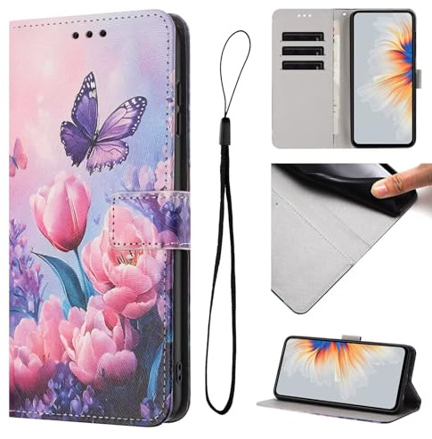 för Samsung Galaxy A40 fodral läder flip stötsäker, 3D-målat PU-läder telefonfodral för Samsung Galaxy A40 med stativ funktion korthållare folio mjuk silikon stötfångare skyddande fodral, rosa fjäril
