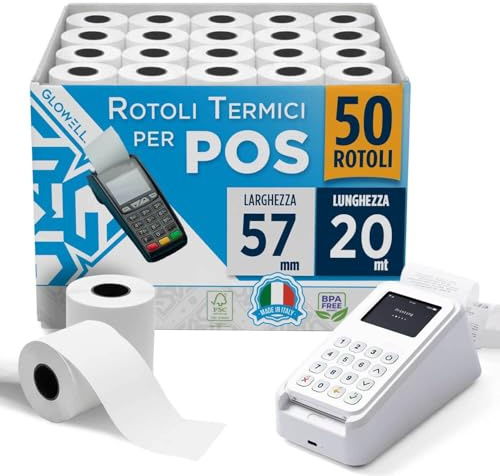 Glowell Rotoli POS 57x20 m di Lunghezza in Carta Termica con foro da 12 mm - Stampa Scontrini alta qualità, Rotoli Cassa per Stampante Termica Scontrini Bancomat, Carta Pos Made in Italy (50pz)