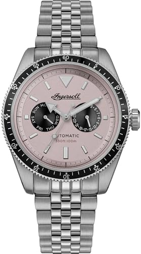Ingersoll The Outlaw Montre Automatique 52 mm avec Cadran Rose et Bracelet argenté en Acier Inoxydable I17201