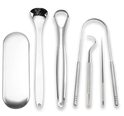 Wixovo 5 pièces Gratte Langue en acier inoxydable, gratte-langue avec boîte métallique, brosse à langue pour une haleine fraîche