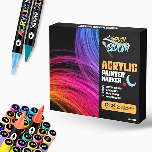 Brush & Bloom Acrylic Paint Pens 24 Colour Set – Dual Tip Paint Marker Pens, Quick Dry, Waterproof, Permanent Paint for Rock Painting, Wood, Glass, Fabric, Canvas & DIY Crafts