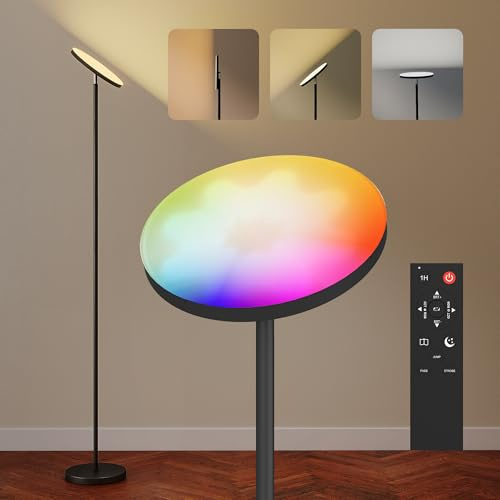 HOMCOM RGB Uplighter Floor Lamp, Tall Dimmable Standing Lamp with 350° Rotatable Head, Remote & Touch Control, 2700K-6000K Colour Temperatures for Living Room Bedroom, Black