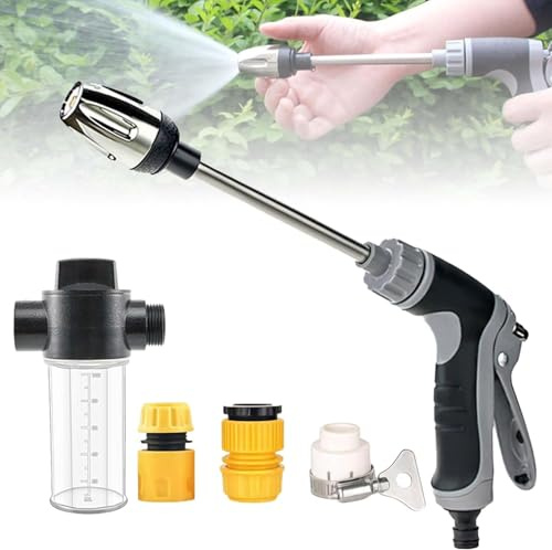 Garden Hose High Pressure Spray Gun - Long Rod Car Washing Nozzle with Foam Pot, 360° Adjustable Nozzle, 3 Hose Connectors, Powerful Water Blitz Pressure Washer Attachment (1 PCS)