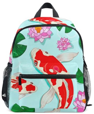 GAIREG Koi fisk lilja blommor grön småbarn pojke ryggsäck med namnskylt, barn skolväska, Koi fisk lilja blommor grön, 6-8 Years, Söta ryggsäckar