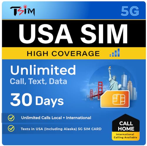 Tarjeta SIM USA 30 días con Call Home | Alta Cobertura de Red | Datos ilimitados en la Red | Llamadas/SMS Locales + internacionales ilimitados en EE. UU. (Incluido Alaska) | Tarjeta SIM 5G