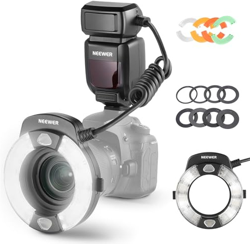 NEEWER RF1-C 76Ws Marco ringblixt kompatibel med Canon, 1-1/128 utgång, GN15, 5 600 K, främre/bakre gardin synkronisering TTL extern kamera ficklampa med färggeler och linsadaptrar för