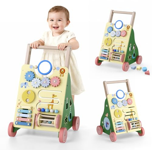 Wooden Baby Walker, Montessori Toddlers Push Walker 10 in 1 Multiple Learning Activity Center, Wooden Baby Push Along Walking Toys Gift for 18 Months