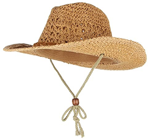 GEMVIE Baby Toddler Kids Sun Straw Western Cowboy Hat Wide Brim with Chin Strap (Khaki)