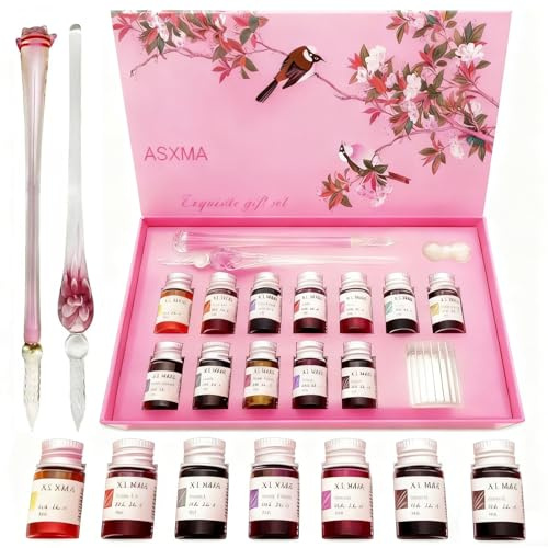 ASXMA Calligraphy Dip Pen Set - 12 Colorful Inks, 2 glass pens Pen Holder, Glass, Crystal Pen for Art Writing, Drawing, Signatures, Decoration,Holiday Gift Set Calligraphy Beginners