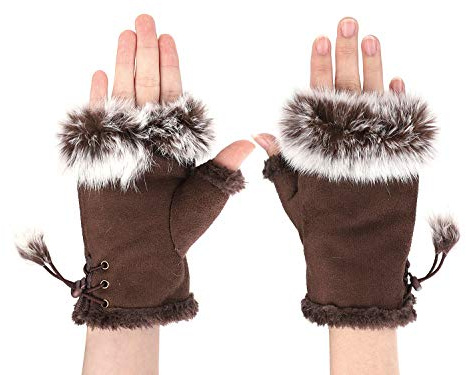 ITODA Women Suede Fingerless Gloves Touchscreen Warm Mittens Faux Fur Half Finger Thicken Winter Gloves Wrist Hands Warmer with Adjustable Elastic Band for Girls Women Ladies