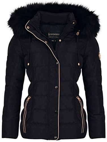 Spindle Womens Ladies Premium Quality Hooded Short Fur Parka Quilted Padded Puffer Coat | Zip Side Pockets | Luxurious Detachable Faux Fur on Hood | Zipped Inner Pocket Black 10