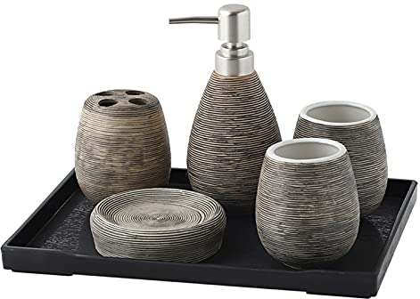 Tauzveok Bad-Accessoires Set Keramik Badezimmer 6-Teilig Mit Seifenspender Zahnbürstenhalterung Seifenschale Becher Und Ablagefach Luxuriöses Badezimmer-Set,Schwarz