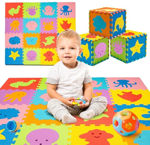 TOYVELT 16-Pack 12x12 Foam Puzzle Floor Mat for Kids - Interlocking EVA Play Mats with Colors & Alphabet - Educational, Non-Toxic Flooring for Crawling, Playroom & Nursery (Ocean Theme)