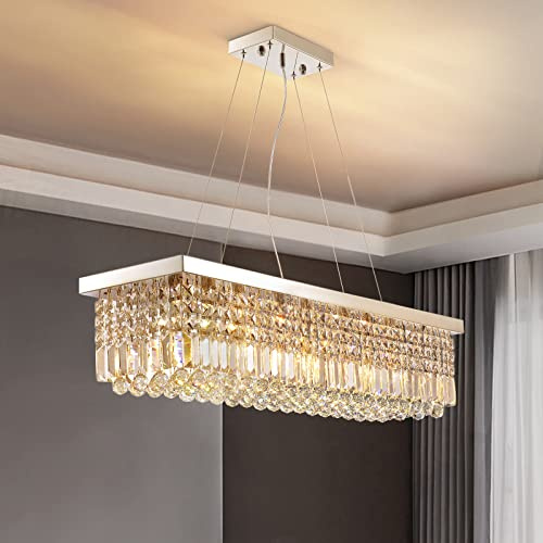Plafoniera a lampadario Rettangolare, Lampada a Sospensione con Cristallo per Isola Cucina, apparecchi di Illuminazione Moderni rettangolari per Sala da Pranzo Soggiorno Camera da Letto (8xE