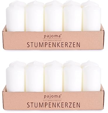 pajoma® Stumpenkerzen Elfenbein - 2x 10 Stück | Ø 4 x 9 cm | Brenndauer: ca. 9 Stunden | Hochwertiges Paraffin & Baumwolldocht | ideal für Gastronomie, Hotels, Kirchen & Feierlichkeiten