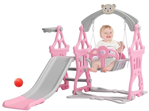 FUKEA Kids Slide, Large Toddler Swing and Slide Set with Storytelling Machine, Basketball Hoop Garden Climbing Frames, 4-in-1 Garden Slide for Toddlers Age 1-3 Indoor & Outdoor(Light Pink)