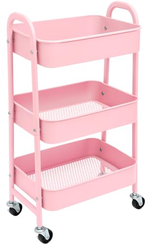 YUKOOL Aufbewahrungswagen, 3 Etagen, Metall, mit Rollen, Rosa
