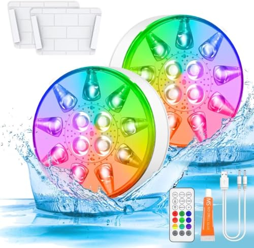 U UZOPI Poolbeleuchtung Unterwasser, Wiederaufladbar Pool Lichter Unterwasser mit Fernbedienung, IP68 Wasserdicht Pool Beleuchtung Multi LED für Schwimmbad, Badewanne, Spa, Garten, Teich 2 Stück