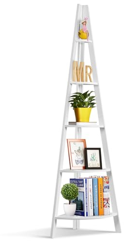 HOMASIS 5-stufiges Eckregal stehend, Standregal Holz, Bücherregal A-förmig, weiß Leiterregal Badregal platzsparend, Aufbewahrungsregal Lagerregal für Wohnzimmer Bad Küche, 39 x 39 x 175 cm