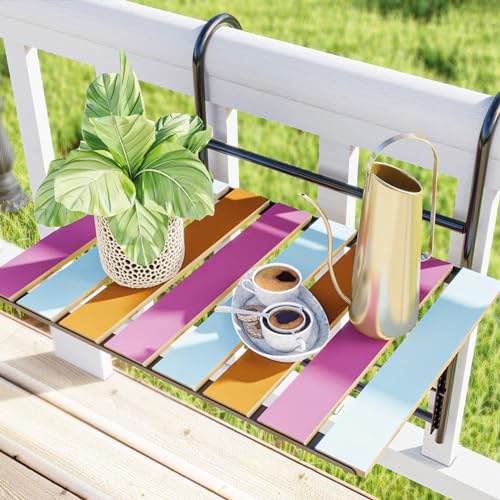 [en.casa] Table de Balcon Suspendue Rabattable Réglable en Hauteur Table Pliante Facile à Accrocher à la Balustrade Métal Bois de Pin 60 x 40 x 58 cm Noir Multicolore
