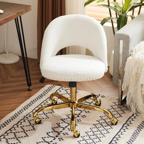 VINGLI Modern Teddy Fluffy Small Office Chair,Cute Desk Chair with Wheels,Gold Base/Studs, Comfy Armless Swivel Vanity Task Chair for Women/Girl/Kids, Nail Tech Chair for Bedroom,Small Space,White