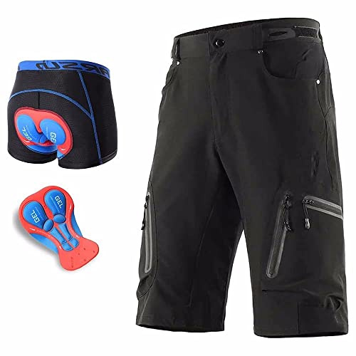 SMTSEC Pantalons VTT pour Hommes Shorts De Cyclisme Baggy Rembourrés, Shorts De Vélo De Descente avec sous-Vêtements De Cyclisme en Gel 5D Shorts De Cyclisme Respirants À Séchage Rapide,Black-XL