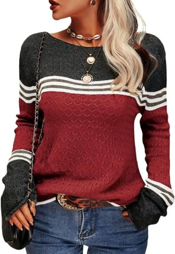 Yutdeng Maglione da Donna Invernale Pullover Elegante Maglia Oversize Girocollo Maglione a Righe Donna Maglione a Maglia Colorblock Manica Lunga Moda Casual Caldo Top Morbido Felpe,Rosso Vino,M