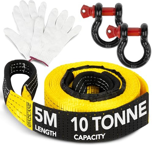 GADLANE Hochsichtbares Abschleppseil, 5 m, 10 Tonnen Kapazität, Abschleppgurt mit Aufbewahrungstasche und Handschuhen, Gelb