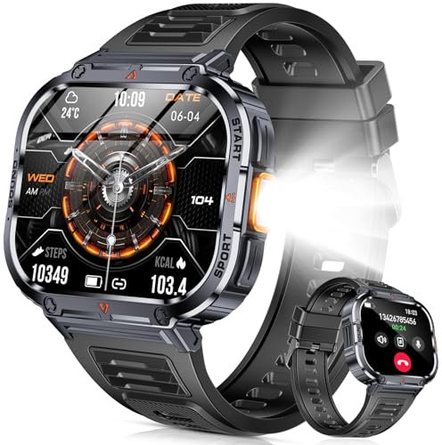 Smartwatch Herren - Telefonfunktion, 2.0 HD Militär Uhr mit LED Taschenlampe/IP68 Wasserdicht, 100+Sportmodi Sportuhr Outdoor Fitnessuhr Smartwatch für Android/iOS/HarmonyOS