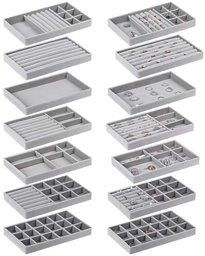 ULELE 14 Pack Jewelry Trays Organizer Velvet Stackable Jewellery Drawer Organiser Tray Insert Divided Storage Box Display Tray,Rings Earrings Storage Display Holder Women Gifts for Mother Wife(Grey)