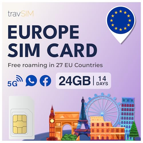 travSIM Simkort Europa | 24 GB data i 4G/5G-hastigheter | Endast data SIM-kort | Använd SIM-kortet för Europaresor i 27 länder i EU | Planen på SIM-kortet för Europa är giltig i 14 dagar