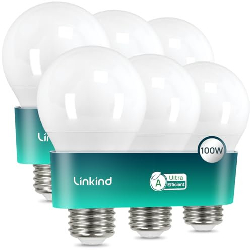 Linkind 7.2W LED E27 100W, A-Klasse Lampe A60 7,2W ersetzt 100W, 1521 lm Extra hell, 4000K Neutralweiß, 50,000 Std. Leuchtdauer, Energiesparlampe E27 Glühbirne Matt, 6 Stück