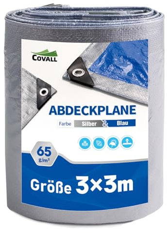 Covall Tarpaulin Light-Duty Tarp Groundsheet Sheet Cover 3x3m Waterproof 65g/m² Silver&Blue tarpaulin with eyelets Weatherproof Windproof UV-Resistant for Car Truck Rv House Tent Boat Pool