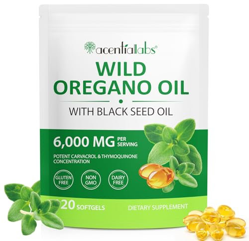 Oregano Öl Kapseln, Bio Oregano Öl Wildes Oreganoöl 6000 mg mit 200 mg Schwarzkümmelöl, 120 Weichkapseln ätherische Oreganoöl Kapseln, Immun Unterstützung und Antioxidans, Gentechnikfrei