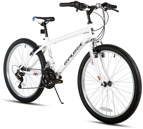 Hiland 26 Inch Mountain Bike, 18 Speed Mountain Bike for Men Women, High Carbon Steel Frame, V-brakes MTB for Different Terrains, White