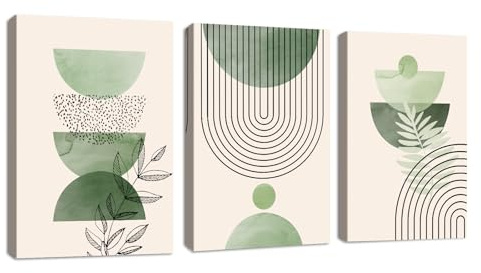 3 cuadros modernos de color verde salvia boho impresión sobre lienzo con marco, cuadro abstracto estético verde planta pintura sobre lienzo póster de pared decoración mural salón dormitorio 50 x 70 cm