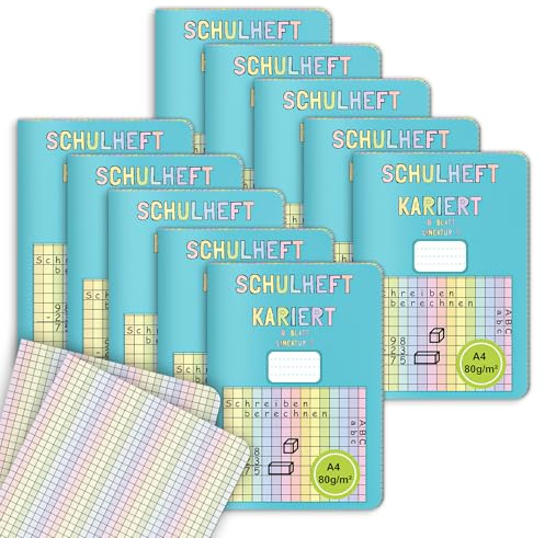 jiawaggag 10 Stück Farbe Schulheft A4 Kariert Ohne Rand Heft A4 Kariert Lineatur 7 Matheheft 1. und 2. Klasse 8 Blatt Lernheft Notizbuch für Schulanfang Kinder die Schule und zum Lernen Üben 80g/m²