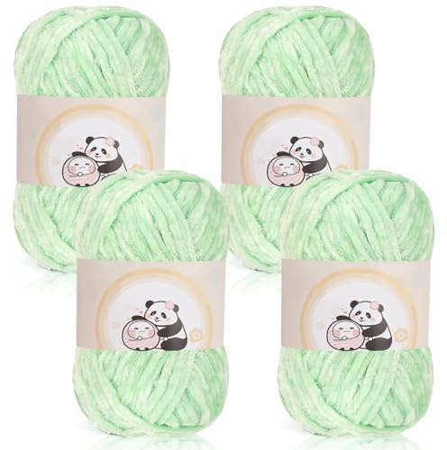 Aeelike Chenille Yarn 400g, 4 Pack Plush Chunky Chenille Wool for Knitting 100g Balls, Soft Fluffy Velvet Chunky Thick Yarn for Crochet Amigurumi, Baby Blanket, Scarves, Socks & Handcraft, Light Green