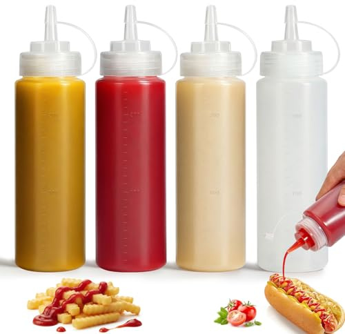 OAMCEG Sauce Squeeze Bottles,4 Pack 8oz/250ml Plastic Condiment Bottles | Squeezy Sauce Bottle with Caps Ketchup & Condiment Bottles with Measurement for Syrup, Dressings, Mayonnaise,Hot Sauce
