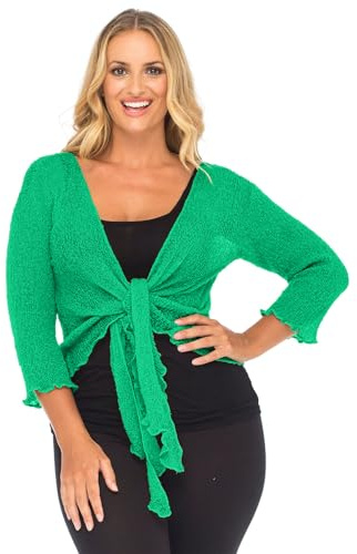 NetSetUK Women’s Fish Net Tie Up Shrug 3/4 Sleeve Fine Knitted Ladies Bolero Shrug Top Jacket Cardigan One Size Jade Green
