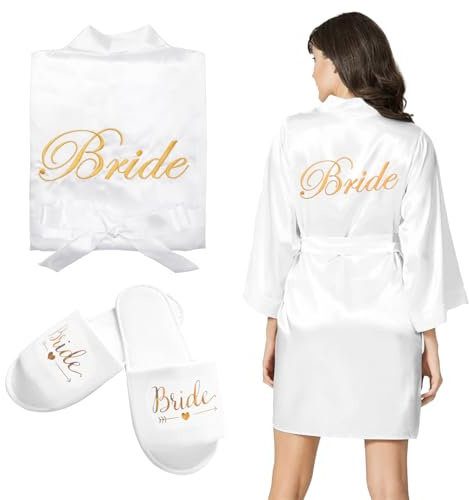 HENGBIRD Brudmorgonrock Pyjamas Bröllop Dam Badrockar Satin + Brudtofflor för Bröllop Klänning Nattkläder Dusch