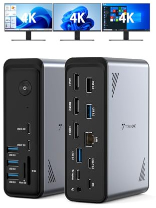 TobenONE 18 in 1 Laptop Docking Station 3 Monitors, Triple 4K Display with 3 HDMI, 9 USB Ports, RJ45, PD3.0, Audio, USB C Docking Station for Windows/Dell/Lenovo/HP/Thinkpad Laptops (No Power Adapter)