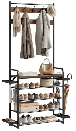 WOLTU 4-in-1 Coat Stand with Shoe Rack, Coat Rack, Rustic Brown and Black