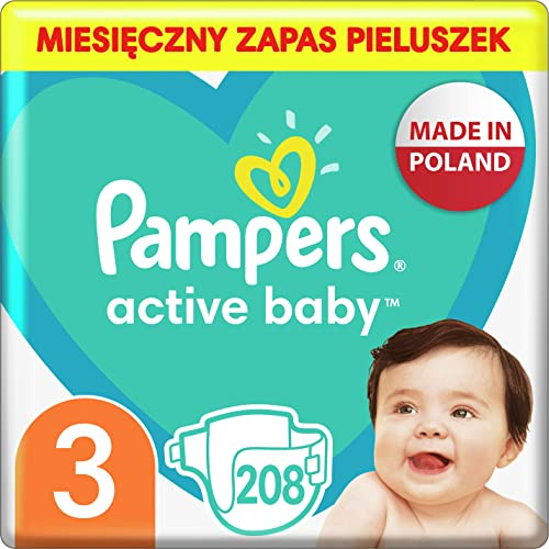 Pampers Couches De Couches Taille 3 (6-10kg), Active Bébé Couche, 208 Pièces, Emballage Mensuel, Protection De Fuite 24 Jour