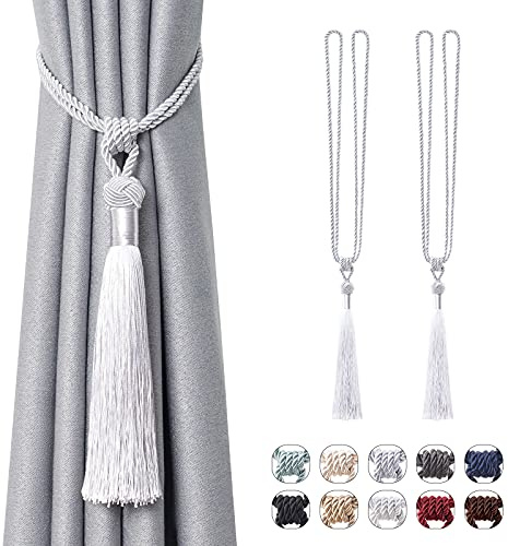 Pretty Jolly Long Tassel Curtain Tiebacks, European Hand Braided Rope Knot, Decorative Ornament, Suitable for Home & Office, Works with Various Window Drapery,2 Pack,Silver Grey