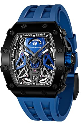TSAR BOMBA Montre Automatique pour Hommes Montre mécanique Squelette de Luxe pour Hommes Sport Analogique étanche 50M Luminous Acier Inoxydable Fashionable Tonneau Big Face Montres