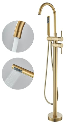 Brushed Gold Freestanding Bathtub Faucet with Hand Shower Tub Filler Faucet Floor Mounted High Flow Single Handle Bath Filler Solid Brass