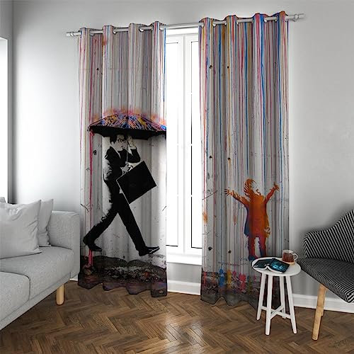 LANDOCROWN Bunte Regen Wärmeisolierte Verdunkelungsvorhang für Kinder Jungen Mädchen Wohnzimmer Banksy Graffiti Street Art Fenstervorhänge H 190 x B 100 cm